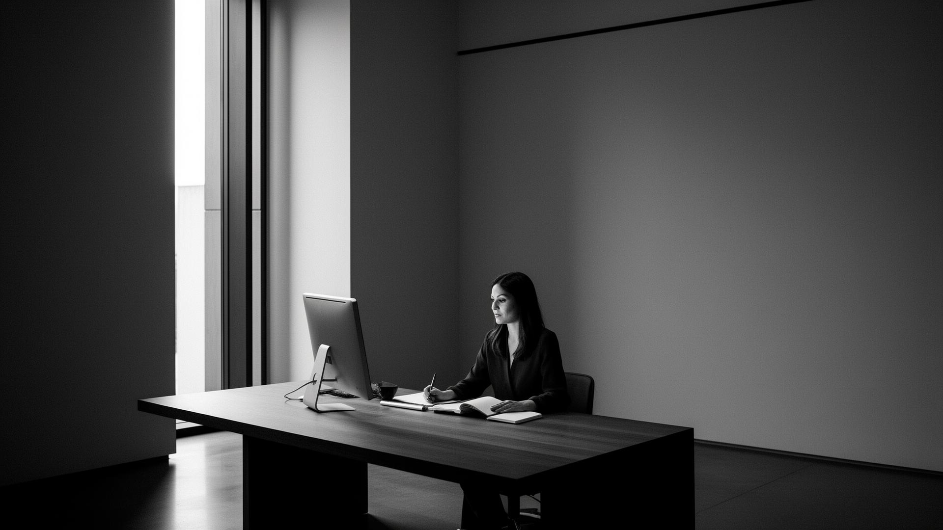 A founder working quietly at a minimal desk in a calm architectural office