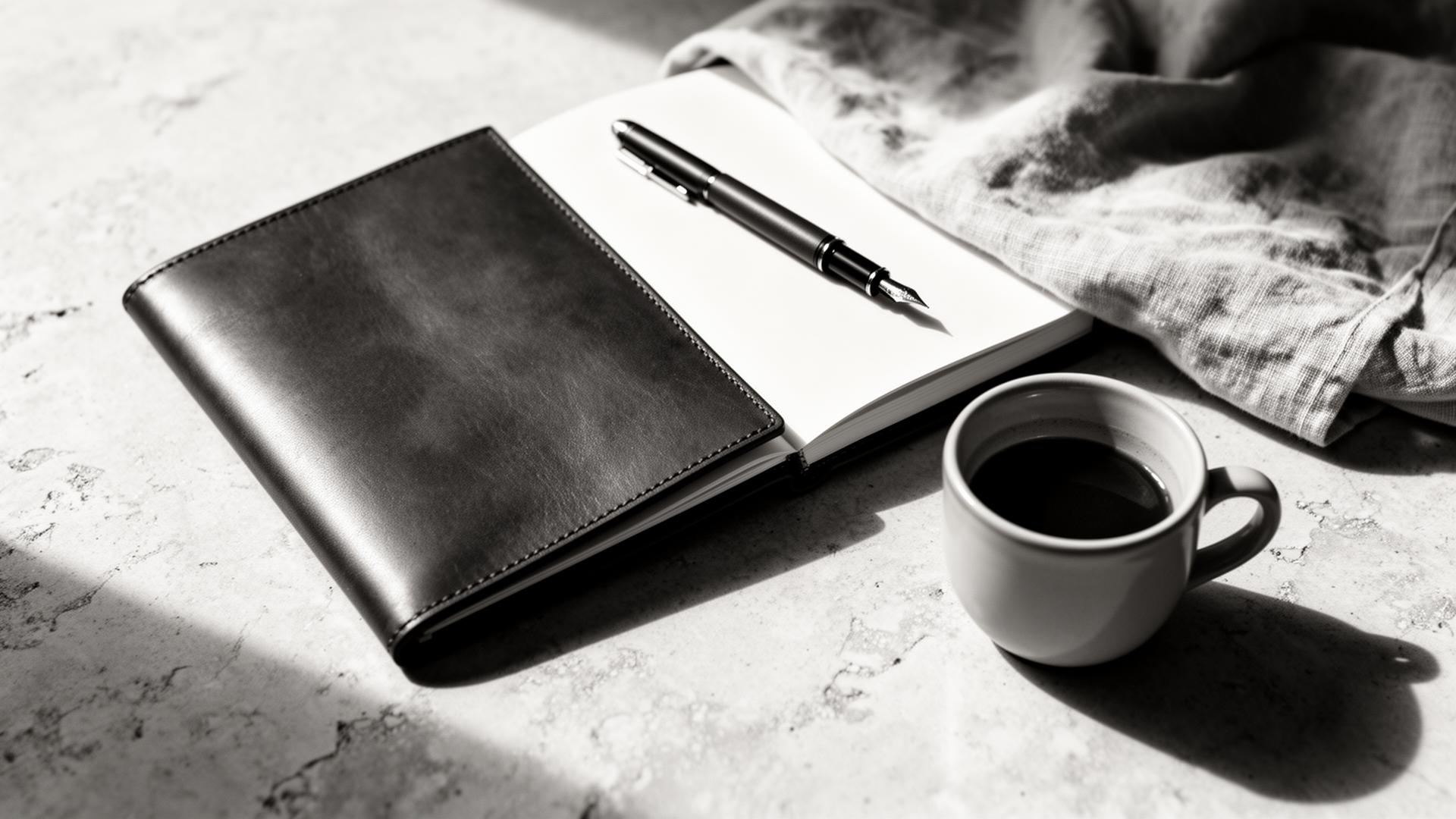 A leather notebook, fountain pen and coffee on a stone desk