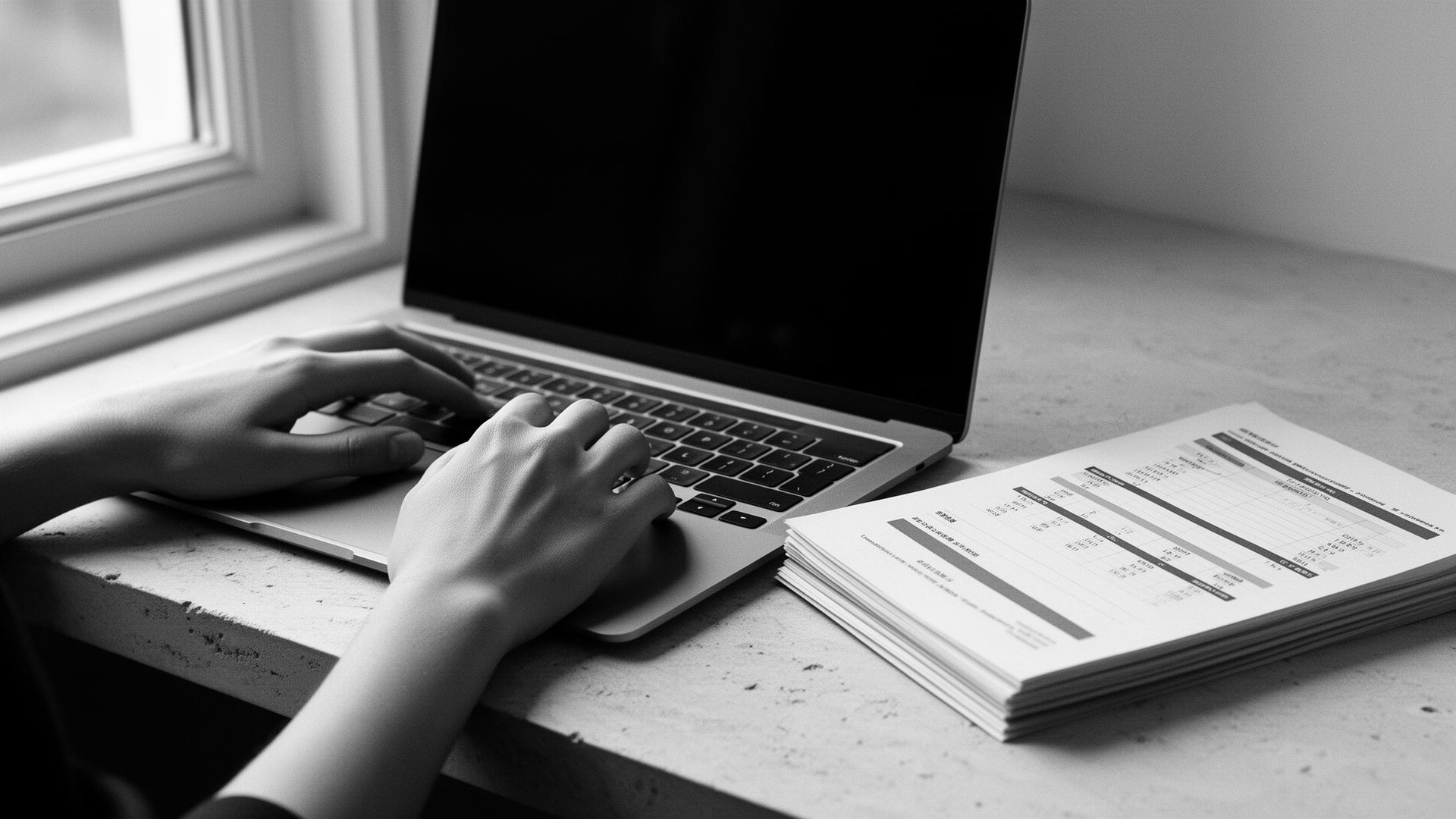 Hands at a laptop with printed reports beside it